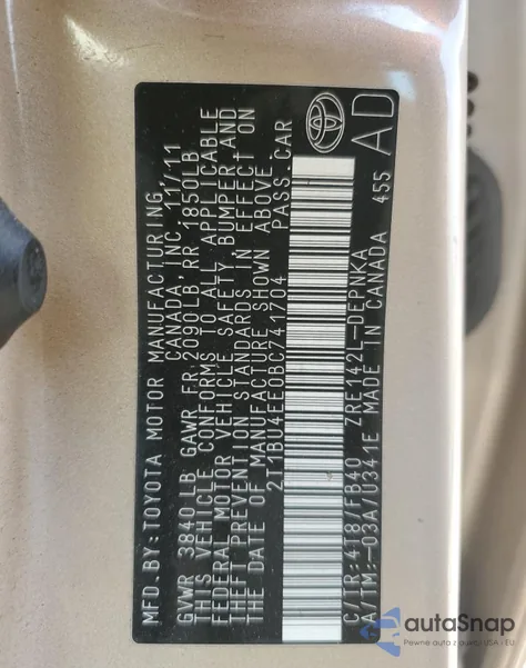 2011 Toyota Corolla Base z USA, uszkodzony, nr VIN 2T1BU4EE0BC741704